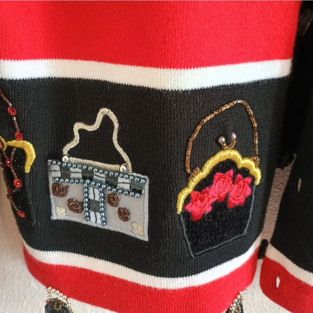 Just B Sequin Beaded Red Black Cardigan Applique Purses Hanging Embellished Sz M